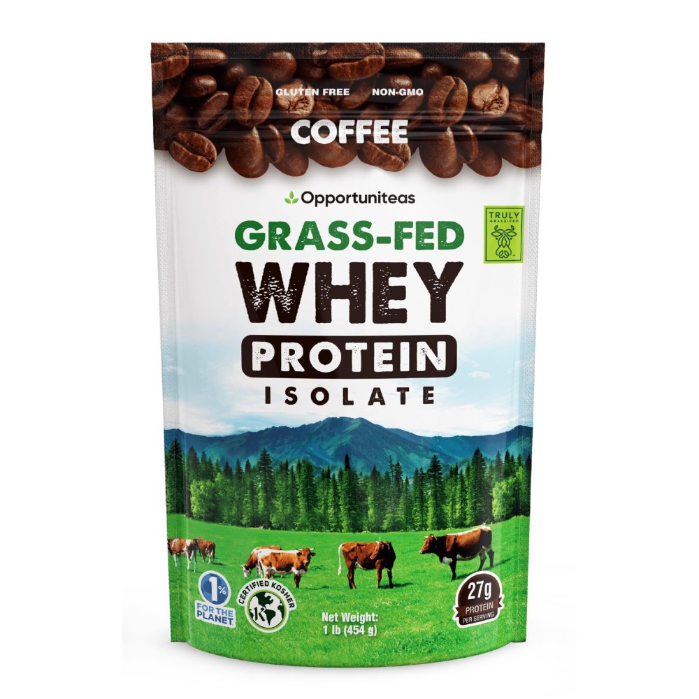Opportuniteas Coffee Whey Protein Powder - Low Carb & Keto Friendly - Grass Fed Whey Isolate + Colombian Coffee - 60 mg Caffeine for Energy - Pre or Post Workout Drink Mix, Latte, Shake & Smoothie 1lb