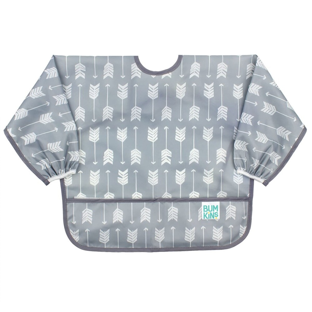 Bumkins Sleeved Bib for Girl or Boy, Baby and Toddler for 6-24 Mos, Essential Must Have for Eating, Feeding, Baby Led Weaning Supplies, Long Sleeve Mess Saving Food Catcher, Soft Fabric, Gray Arrows