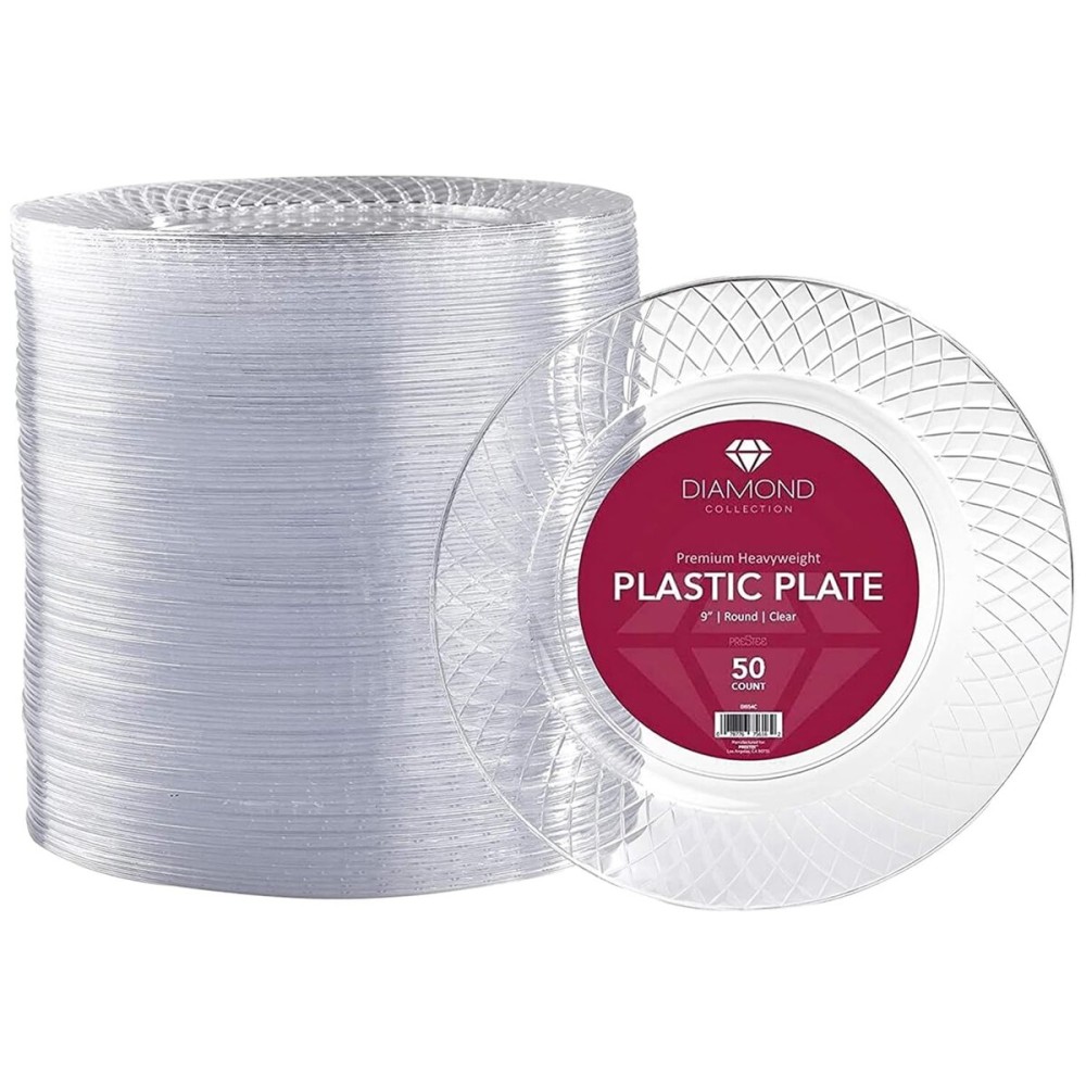 Prestee 50-Pieces Heavy Duty Disposable Plates - 9-Inch Clear Plastic Plates for Party, Weddings, Holidays, or Everyday Use - Durable, Elegant, Stylish Plastic Dinnerware for Any Occasion