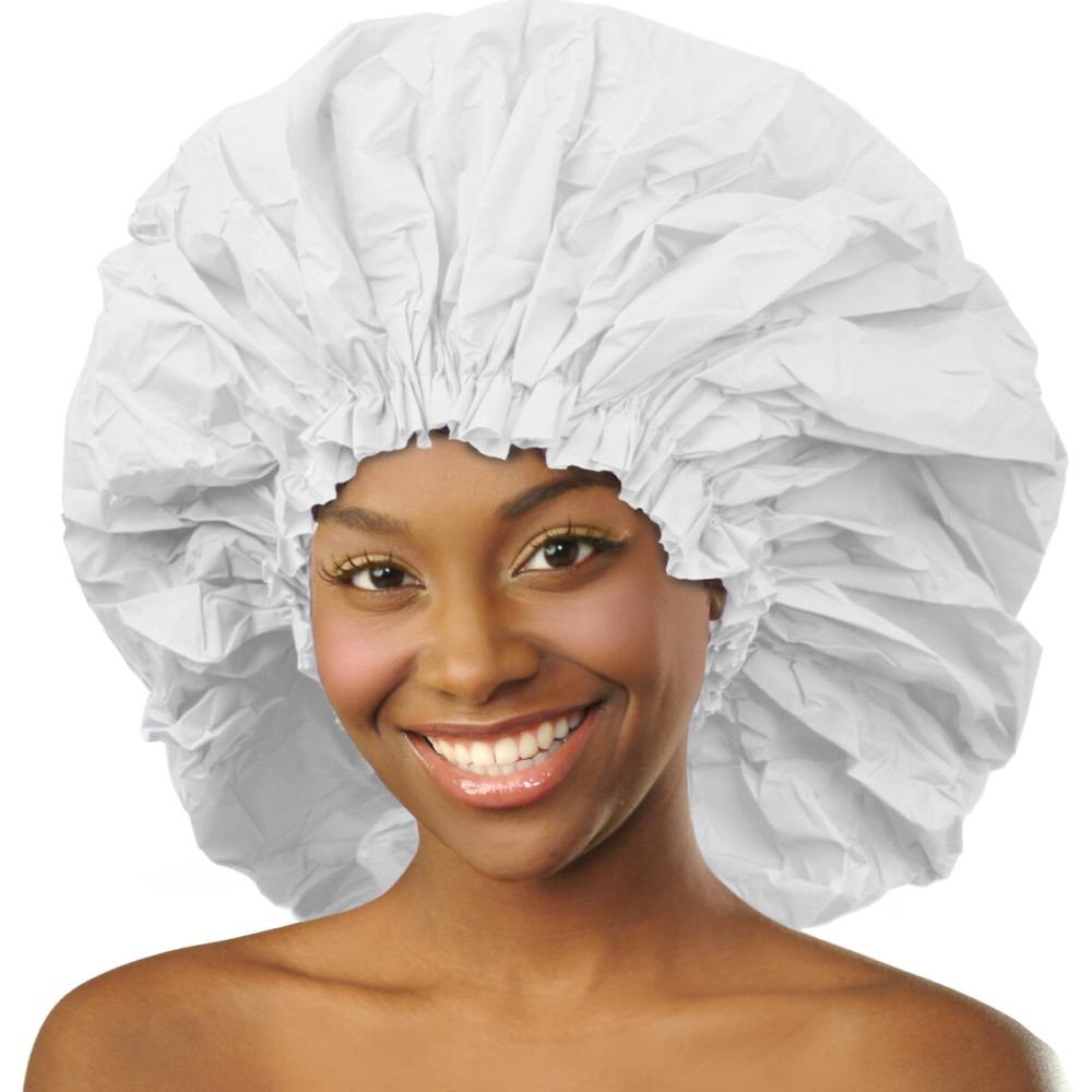 DONNA Super Jumbo Shower Cap - Comfortable Elastic Band, 100% Waterproof Hair Cap for Long Hair, Braids & Thick Styles, Reusable Big Shower Cap for Women, Keeps Hair Dry & Protected, WHITE