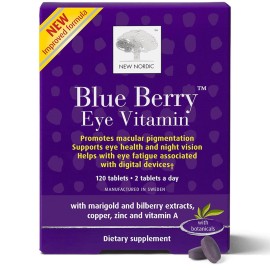 NEW NORDIC Blue Berry Eye Vitamin Lutein Supplement with Zinc, Supports Macular Pigmentation, Eye & Vision Function, 120 Tablets (Pack of 1)