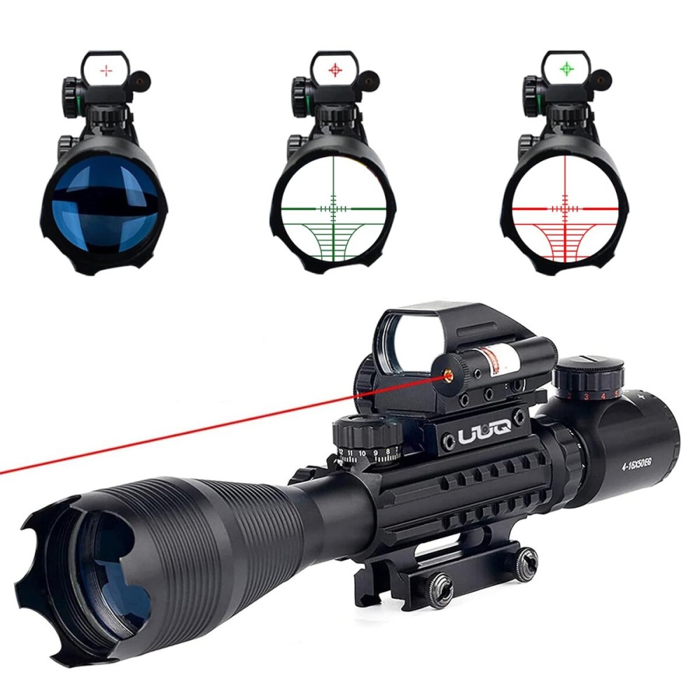 UUQ 4-16x50 Tactical Rifle Scope Red/Green Illuminated Range Finder Reticle W/Laser Sight and Holographic Reflex Dot Sight (Red Laser)
