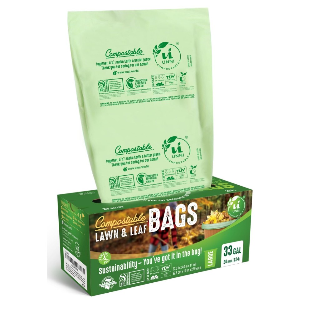 UNNI Compostable Lawn & Leaf Bags, 30-33 Gallon / 124 Liter, 40 Count Value Pack, Extra Thick 1.1 mil Yard Waste & Food Scrap Liners, BPI, CMA & OK compost HOME Certified (Meets ASTM D6400)