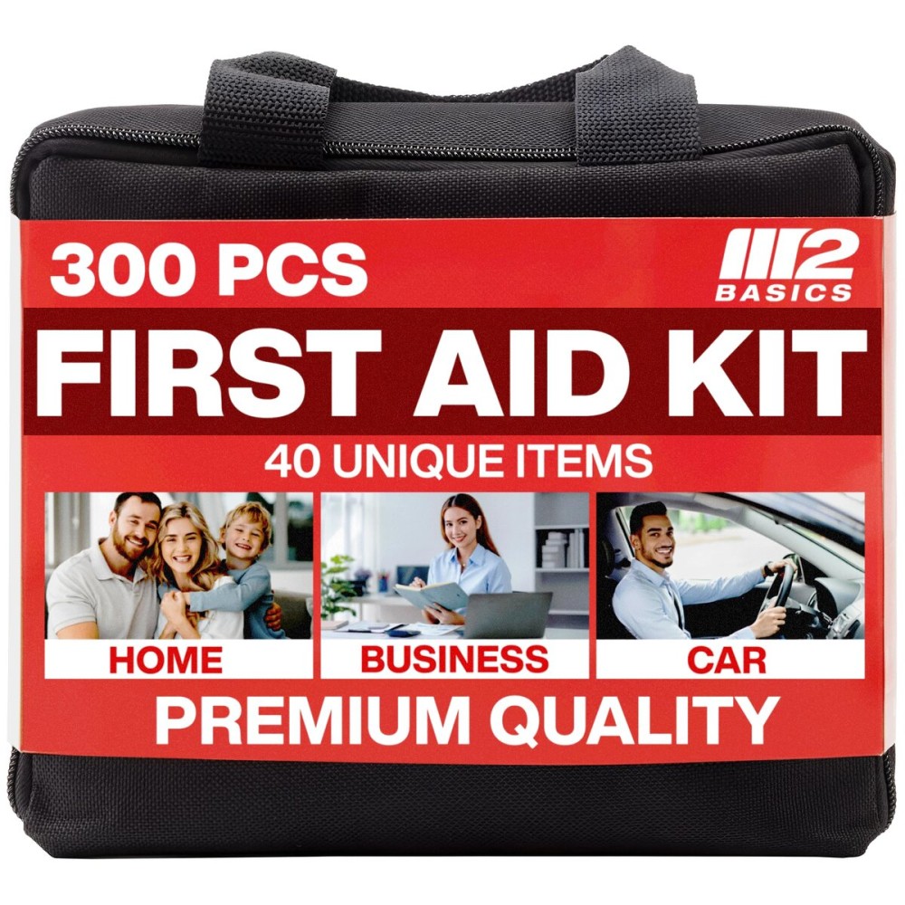 M2 BASICS Premium 300-Piece Emergency First Aid Kit (40 Unique Items) for Home, Car, Business, Travel & Outdoors - Durable Carry Bag, Medical Supplies for Camping & Sports