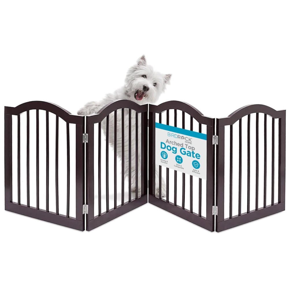 INTERNET\'S BEST Arched Top Dog Gate | 4 Panel, 24 H Wooden Pet Barrier for Dogs or Cats | Freestanding Folding Room Divider for Doorways, Hallways, Stairs, and Porch | Portable, Extra Wide | Espresso