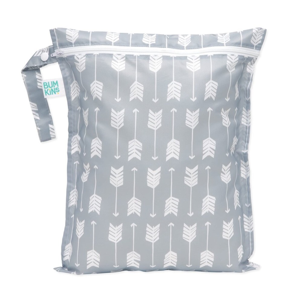 Bumkins Waterproof Wet Bag for Baby, Travel, Swim Suit, Cloth Diapers, Pump Parts, Pool, Beach, Gym Clothes, Toiletry, Hook to Stroller, Daycare, Zipper Reusable Wetdry Packing Pouch, Gray Arrows