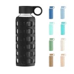 purifyou 40oz / 32oz / 22oz / 12oz Borosilicate Glass Water Bottle with Time & Volume Markers, Silicone Sleeve, Stainless Steel Lid | Reusable Glass Bottle for Water & Juice (12oz JetBlack)