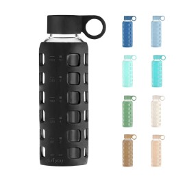 purifyou 40oz / 32oz / 22oz / 12oz Borosilicate Glass Water Bottle with Time & Volume Markers, Silicone Sleeve, Stainless Steel Lid | Reusable Glass Bottle for Water & Juice (12oz JetBlack)