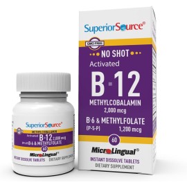 Superior Source No Shot Vitamin B-12 Methylcobalamin 2000 mcg, B-6, & Methylfolate 1200 mcg - Supports Energy, Brain, and Heart Health - Bariatric Friendly - 60 Sublingual Dissolving Tablets