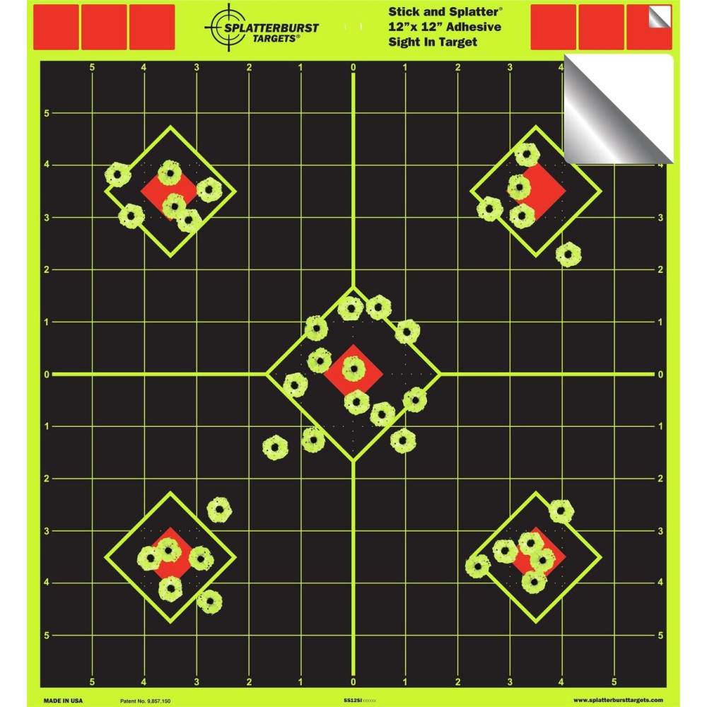 12x12 Sight in Adhesive SPLATTERBURST Shooting Targets - Instantly See Your Shots Burst Bright Fluorescent Yellow Upon Impact! (10 Pack)