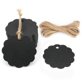 G2PLUS Black Paper Gift Tags - 100PCS Craft Scalloped Gift Tags with String, Blank Hang Tags Price Tags for Halloween Wrapping, DIY Arts and Crafts, Party Favors