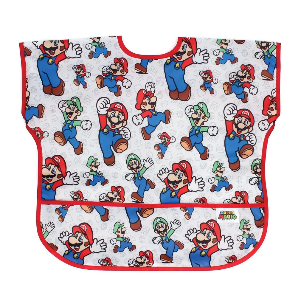 Bumkins Short Sleeve Bib for Girl or Boy, Toddler and Kids for 1-3 Years, Large Size, Essential Must Have for Junior Children, Eating, Mess Saving Soft Fabric Apron for Play, Nintendo Mario and Luigi