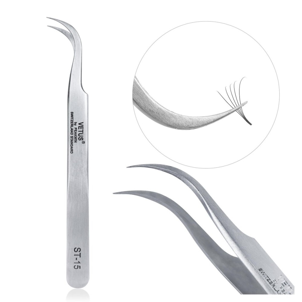 LASHVIEW Lash Tweezer, Vetus Curved Eyelash Tweezers for Profissional Grafting Eyelash Extension, Stainless Steel Needle Nose Tweezers for Lash Extension Stickers Precision Electronics, ST15