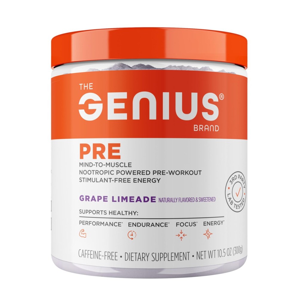 Genius Pre Caffeine-Free Pre Workout Boosted Energy, Focus, Performance Nootropic Formula AlphaSize, Citrulline Malate, CarnoSyn Beta Alanine Endurance, Stamina, Recovery, 20 Servings - Grape Limeade