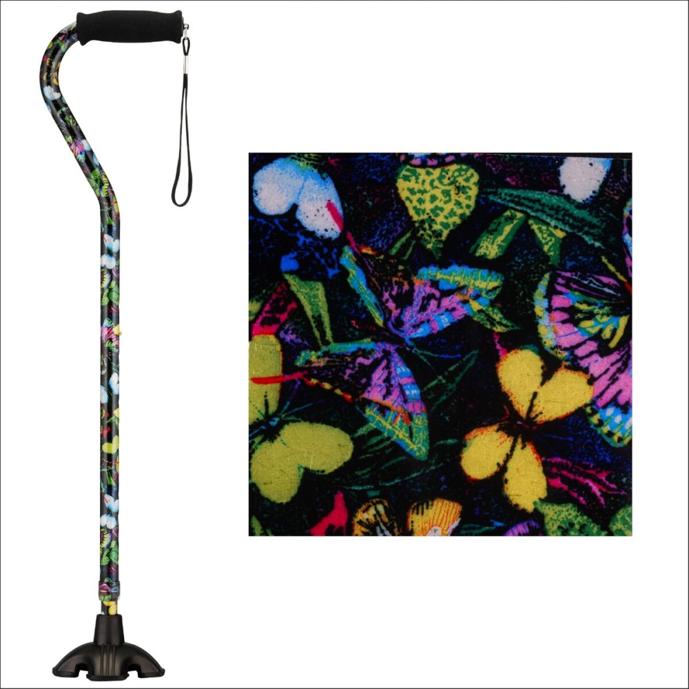 Nova Joy Designer Offset Quad Cane for Seniors - Unisex Adjustable Lightweight Walking Aid with Foam Handle, Wrist Strap and Anti-Rattle Lock - Essential Mobility Support - Butterfly