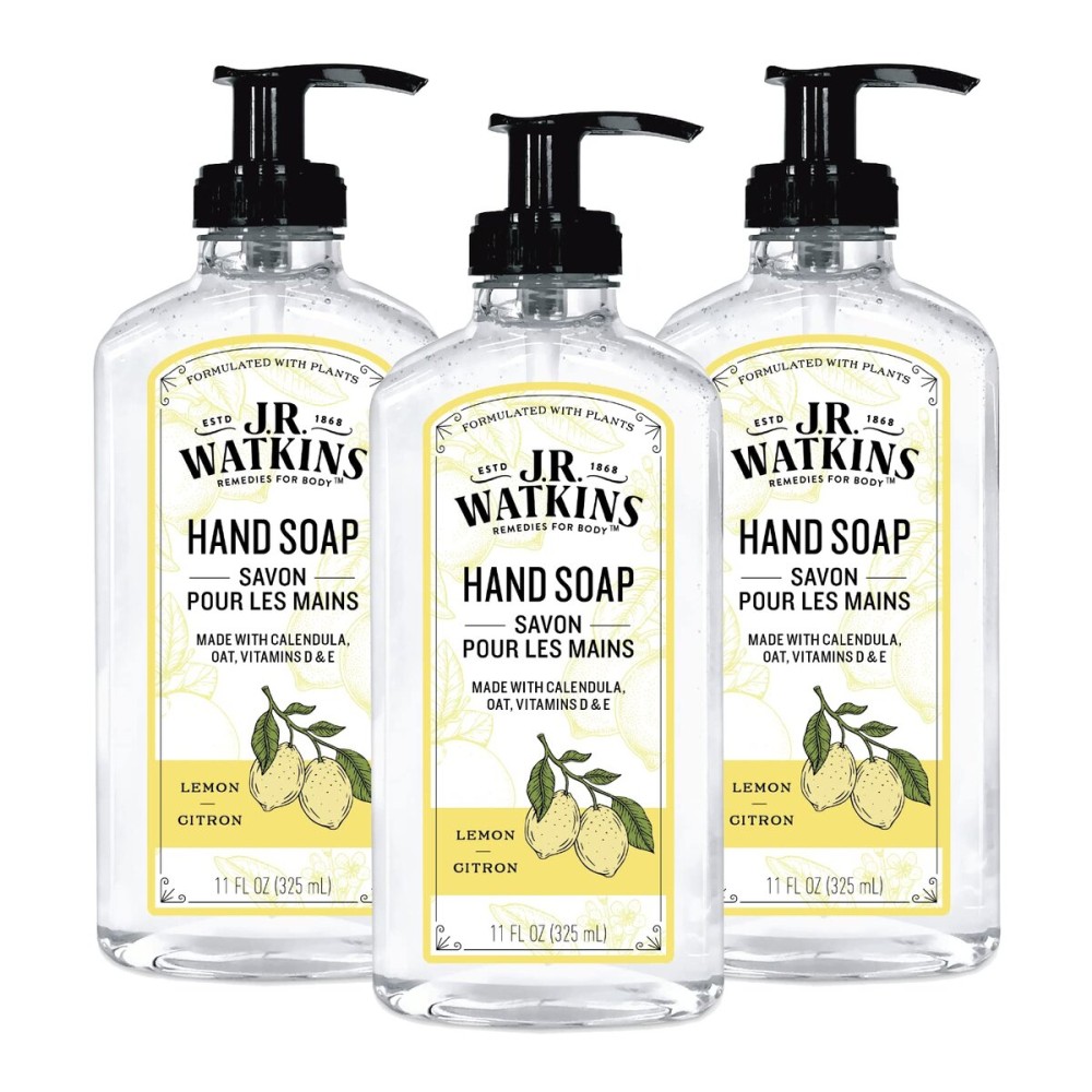 J.R. Watkins Gel Hand Soap, Scented Liquid Hand Wash for Bathroom or Kitchen, USA Made and Cruelty Free, 11 fl oz, Lemon, 3 Pack