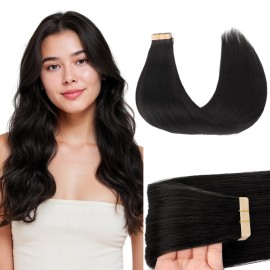 GOO GOO Tape in Hair Extensions Human Hair, 1B Natural black, 16inch 50g 20pcs, Skin Weft Seamless Invisible, Silky Straight with Thick Ends, Remy Human Hair