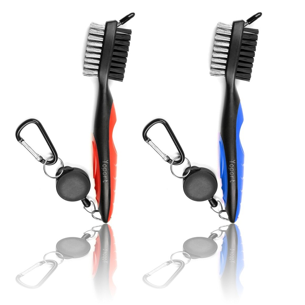 Yoport Golf Club Brush and Club Groove Cleaner 2 Ft Retractable Zip-line Aluminum Carabiner, Lightweight and Stylish, Ergonomic Design, Easily Attaches to Golf Bag ((Red+Black)+(Blue+Black))