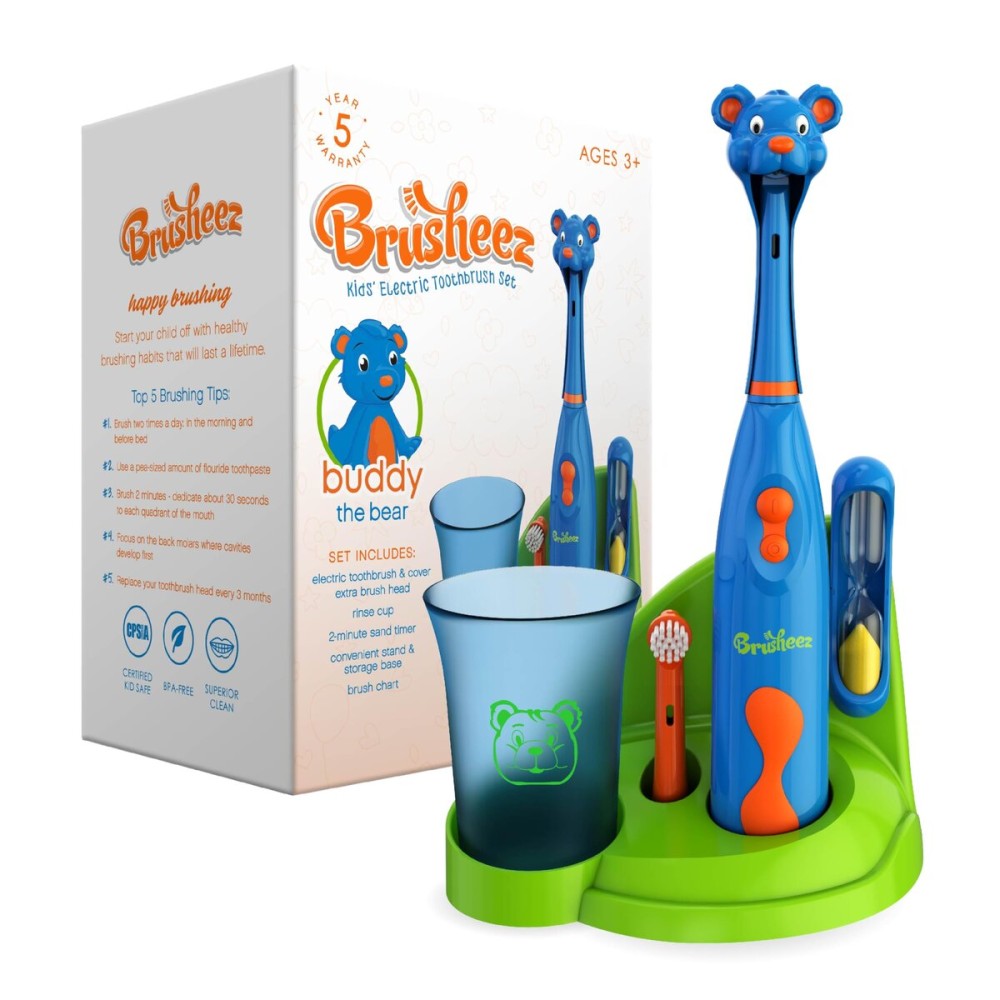 Brusheez Kids Electric Toothbrush Set - Safe & Effective for Ages 3+ - Parent Tested & Approved with Gentle Bristles, 2 Brush Heads, Rinse Cup, 2-Minute Timer, & Storage Base (Buddy The Bear)
