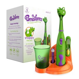 Brusheez Kids Electric Toothbrush Set - Safe & Effective for Ages 3+ - Parent Tested & Approved with Gentle Bristles, 2 Brush Heads, Rinse Cup, 2-Minute Timer, & Storage Base (Snappy The Croc)
