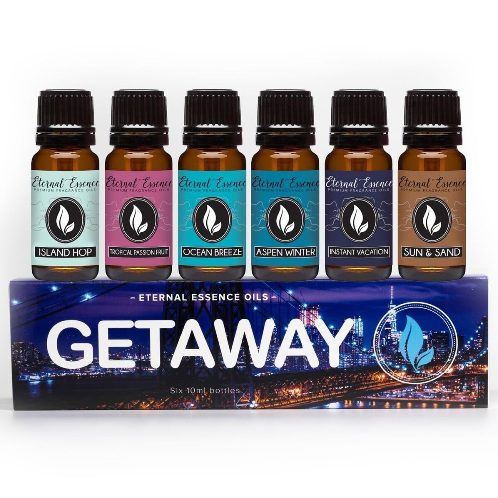 Get Away Gift Set of 6 Premium Grade Fragrance Oils - Island Hop, Ocean Breeze, Tropical Passion Fruit, Aspen Winter, Instant Vacation, Sun & Sand - 10Ml - Scented Oils