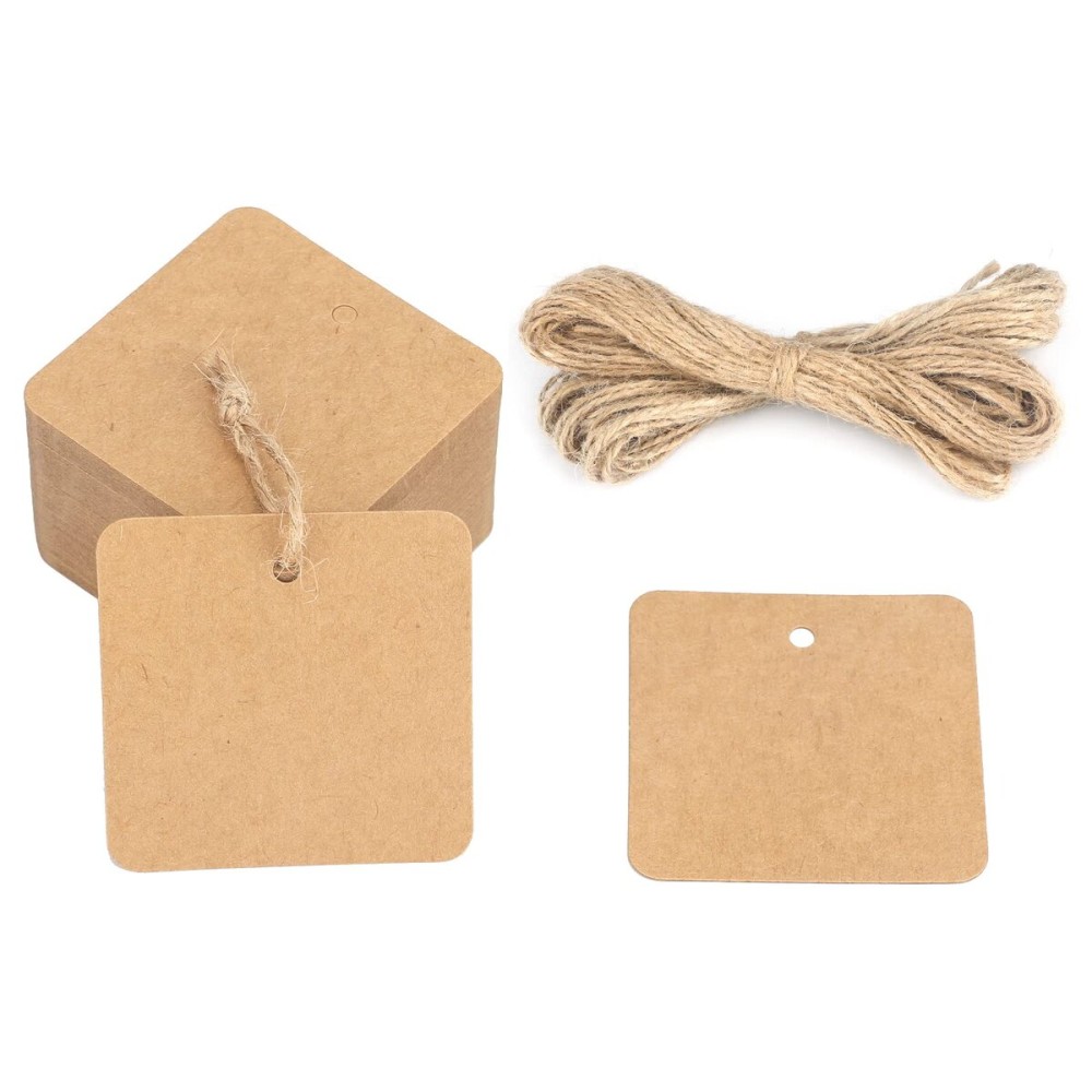 G2PLUS Kraft Paper Gift Tags with String, 100PCS Brown Square Tags, 2.2x2.2 inches Blank Hang Label Tag for Gift Wrapping, Pricing, DIY Arts and Crafts, Christmas, Wedding Party Favors