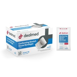 Dealmed 2 Sterile Conforming Stretch Gauze Bandages, 4.1 Yards Latex Free Stretched Dressing Wrap, Medical Non-Adherent Wound Care Mesh Bandages (Box of 12 Rolls)