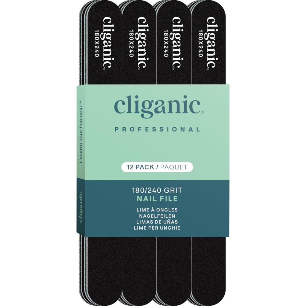 Cliganic 12 Pack Nail File Set: 180/240 Grit | Professional Emery Boards for Natural, Gel & Acrylic Nails | Washable Double Sided Kit | Cliganic 90 Days Warranty