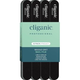 Cliganic 12 Pack Nail File Set: 180/240 Grit | Professional Emery Boards for Natural, Gel & Acrylic Nails | Washable Double Sided Kit | Cliganic 90 Days Warranty