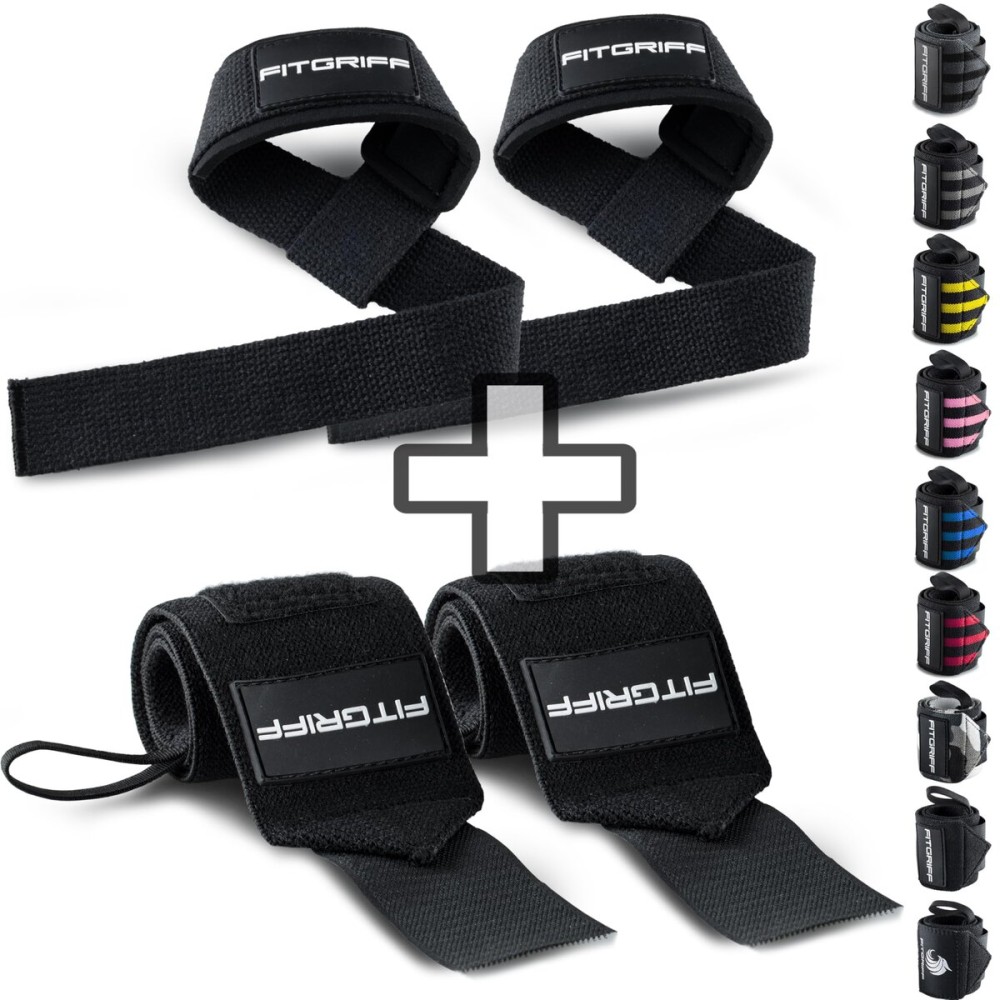 Fitgriff Lifting Straps & Wrist Wraps (Bundle) Superior Support for Weightlifting & Gym Workouts - for Men and Women (Full Black)