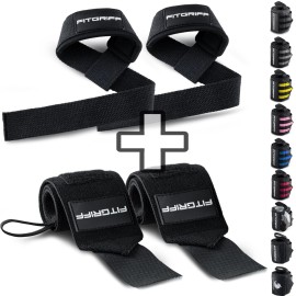 Fitgriff Lifting Straps & Wrist Wraps (Bundle) Superior Support for Weightlifting & Gym Workouts - for Men and Women (Full Black)