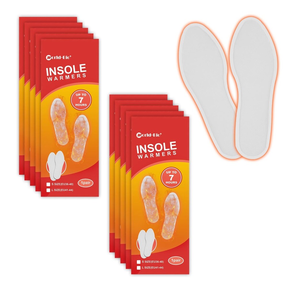 WORLD-BIO Insole Foot Warmers - Long Lasting Safe Natural Odorless Air Activated Warmers - Up to 8 Plus Hour of Heat - 10 Pairs Value Pack