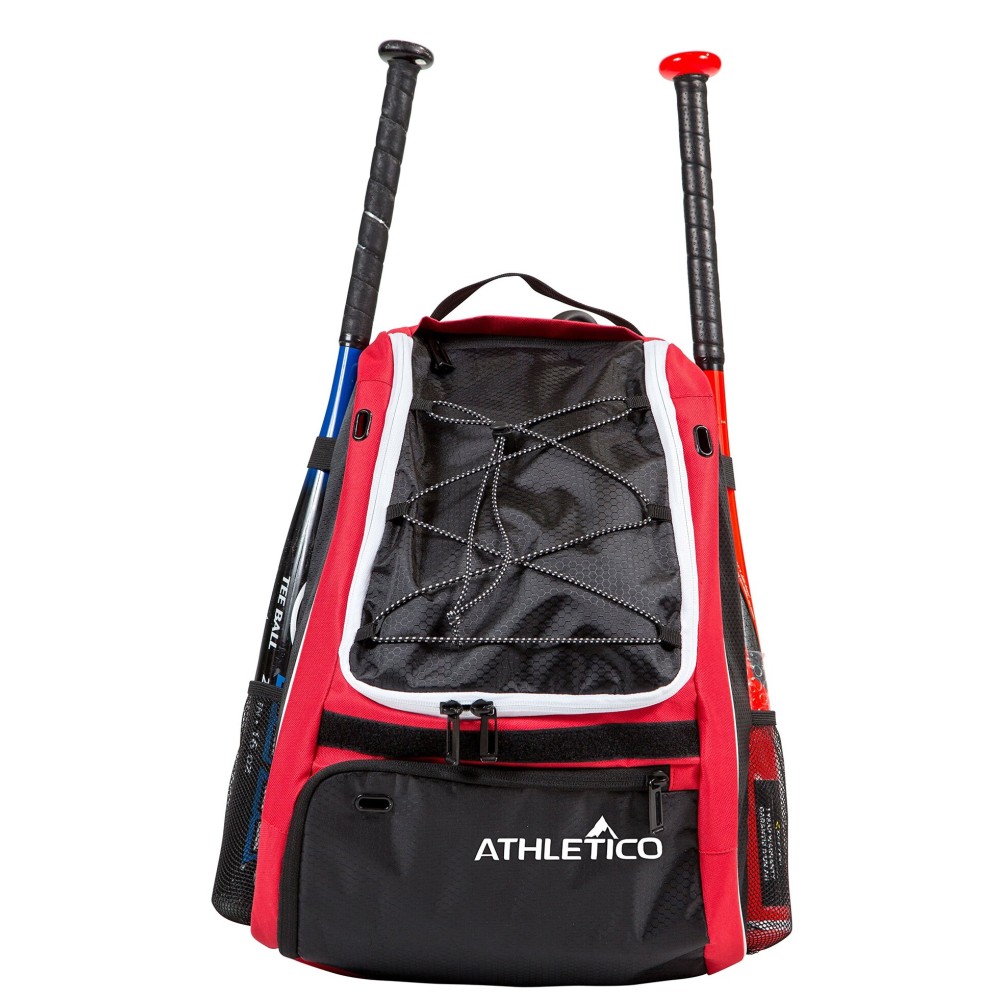Athletico Baseball Bat Bag - Backpack for Baseball, T-Ball & Softball Equipment & Gear for Youth and Adults | Holds Bat, Helmet, Glove, & Shoes |Shoe Compartment & Fence Hook (Red)