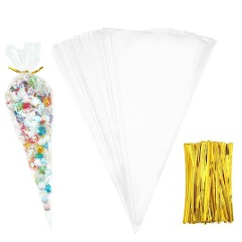 Outus 100 Pcs 7 x 12 Inch Cone Shaped Treat Bag Clear Cello Cellophane Medium Transparent Sweet Popcorn Candy Bags with 100 Pieces Twist Ties for Party Favor(Gold Twist Ties)