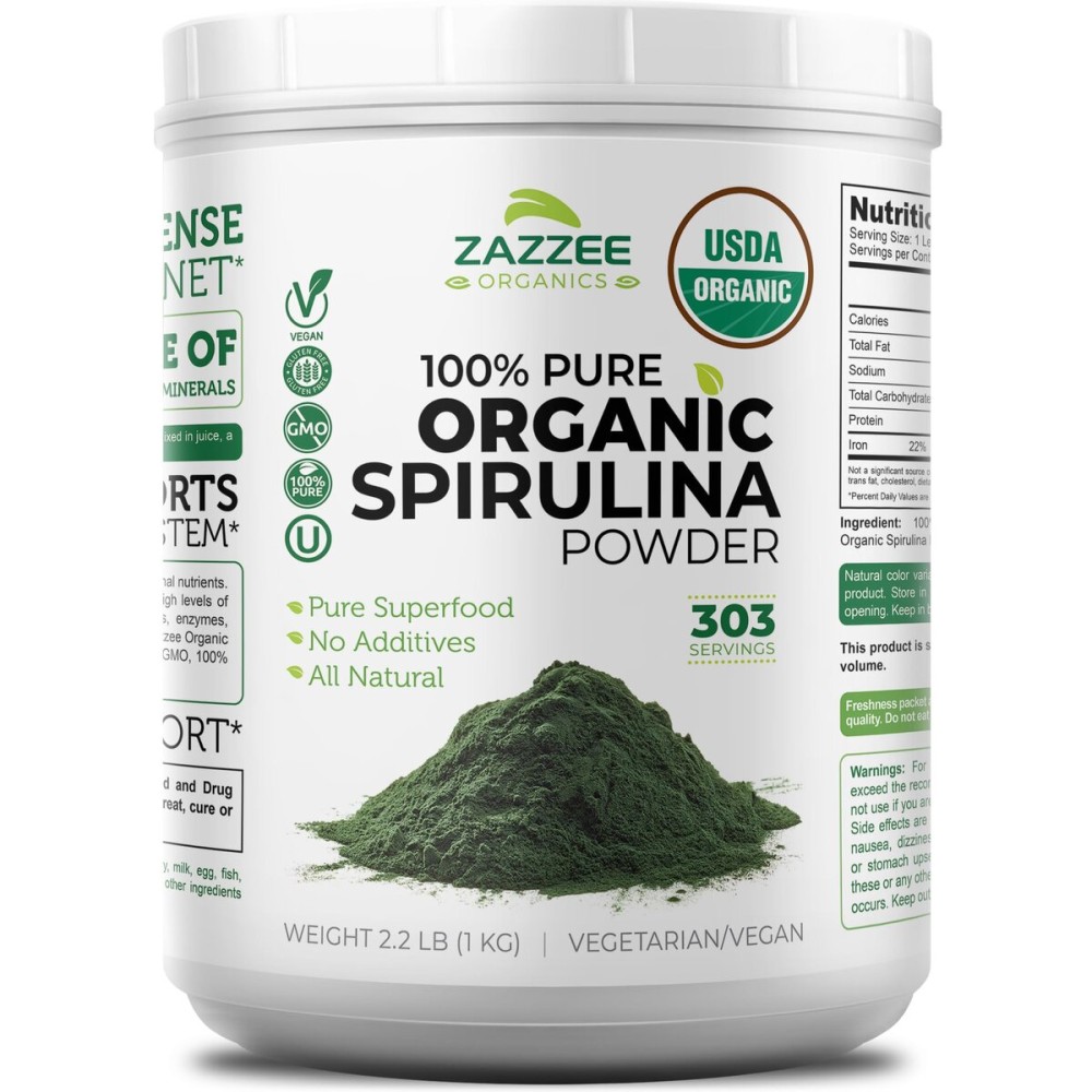 Zazzee Organic Spirulina Powder, 2.2 Pounds (1 KG), USDA Certified, 303 Servings, Kosher, 100% Pure, Non-Irradiated, Mess-Free Wide Mouth Container, Fresh Smell and Neutral Taste, Non-GMO, Gluten-Free