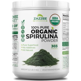 Zazzee Organic Spirulina Powder, 2.2 Pounds (1 KG), USDA Certified, 303 Servings, Kosher, 100% Pure, Non-Irradiated, Mess-Free Wide Mouth Container, Fresh Smell and Neutral Taste, Non-GMO, Gluten-Free