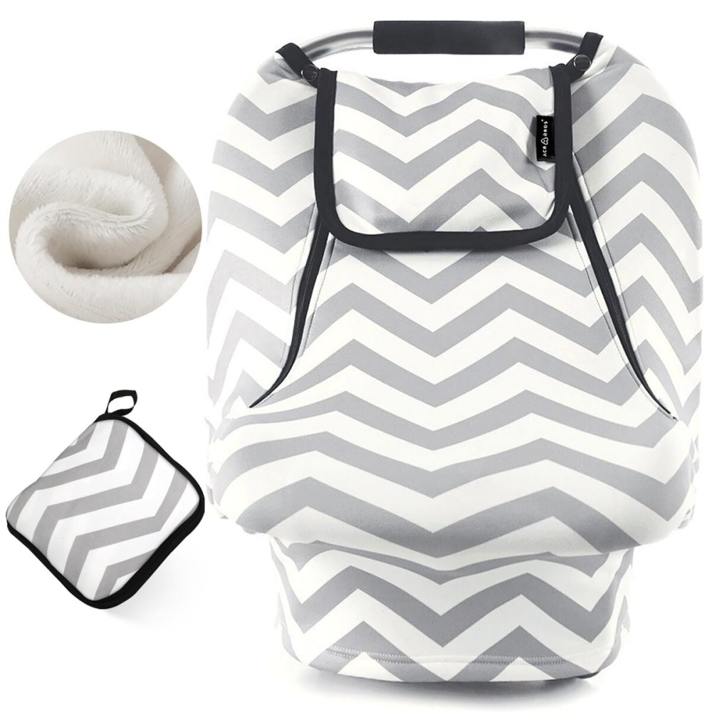 ACRABROS Car Seat Covers for Babies,All Season Infant Carseat Cover Canopy for Boys and Girls,Stretchy Adjustable Peeping Window with Mesh Cover,Warm Breathable Universal, Grey White Chevron