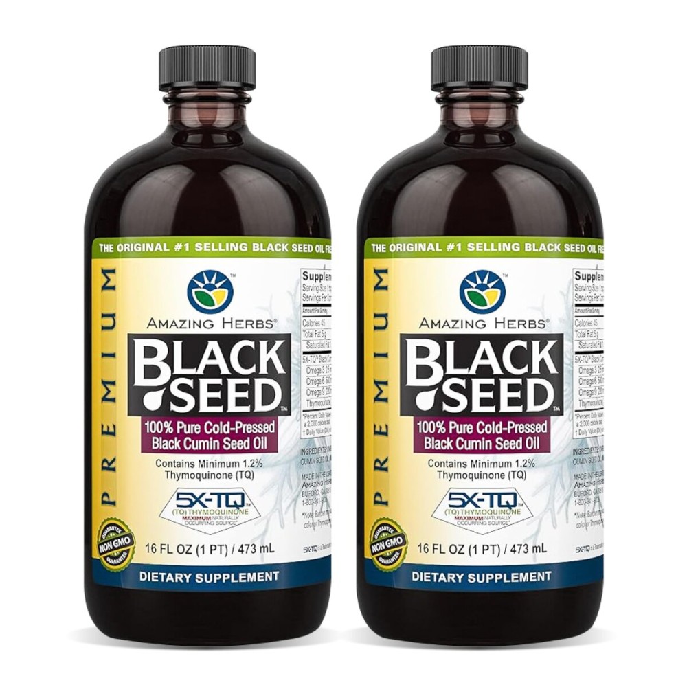 Amazing Herbs Premium Black Seed Oil - Gluten Free, Non GMO, Cold Pressed Nigella Sativa Aids in Digestive Health, Immune Support, Brain Function - 16 Fl Oz (Pack of 2)