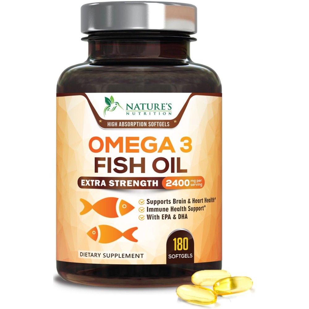 Omega 3 Fish Oil 2400 mg - Triple Strength EPA & DHA Fatty Acids for Heart, Brain & Joint Support - Wild-Caught, Burpless, Lemon Flavor Supplement - Natural, Non-GMO, Gluten-Free - 180 Softgels