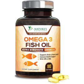Omega 3 Fish Oil 2400 mg - Triple Strength EPA & DHA Fatty Acids for Heart, Brain & Joint Support - Wild-Caught, Burpless, Lemon Flavor Supplement - Natural, Non-GMO, Gluten-Free - 180 Softgels