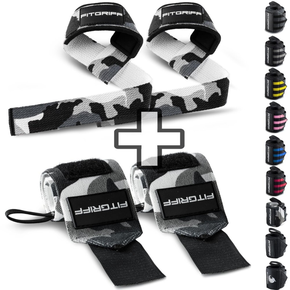 Fitgriff Lifting Straps & Wrist Wraps (Bundle) Superior Support for Weightlifting & Gym Workouts - for Men and Women (Camo Grey)