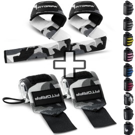 Fitgriff Lifting Straps & Wrist Wraps (Bundle) Superior Support for Weightlifting & Gym Workouts - for Men and Women (Camo Grey)