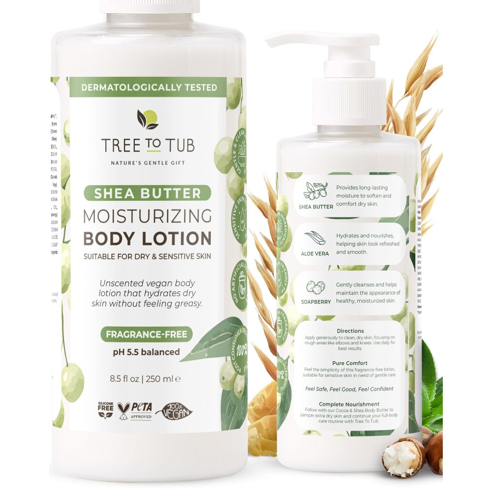 Tree to Tub Unscented Shea Butter Body Lotion for Dry Skin - Fragrance Free Lotion,Vegan Body Moisturizer, Good for Sensitive Skin for both Women & Men