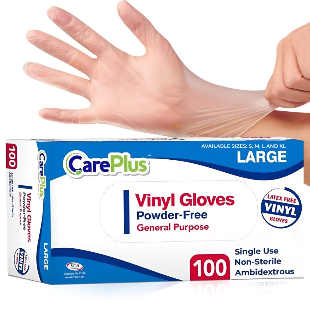 CARE PLUS Latex-Free Vinyl Gloves Clear Large Size 100 Count | Heavy Duty, Non-Sterile, Powder-Free, Rubber | Food Prep, Kitchen & Cleaning Gloves, Ideal for Professional Use