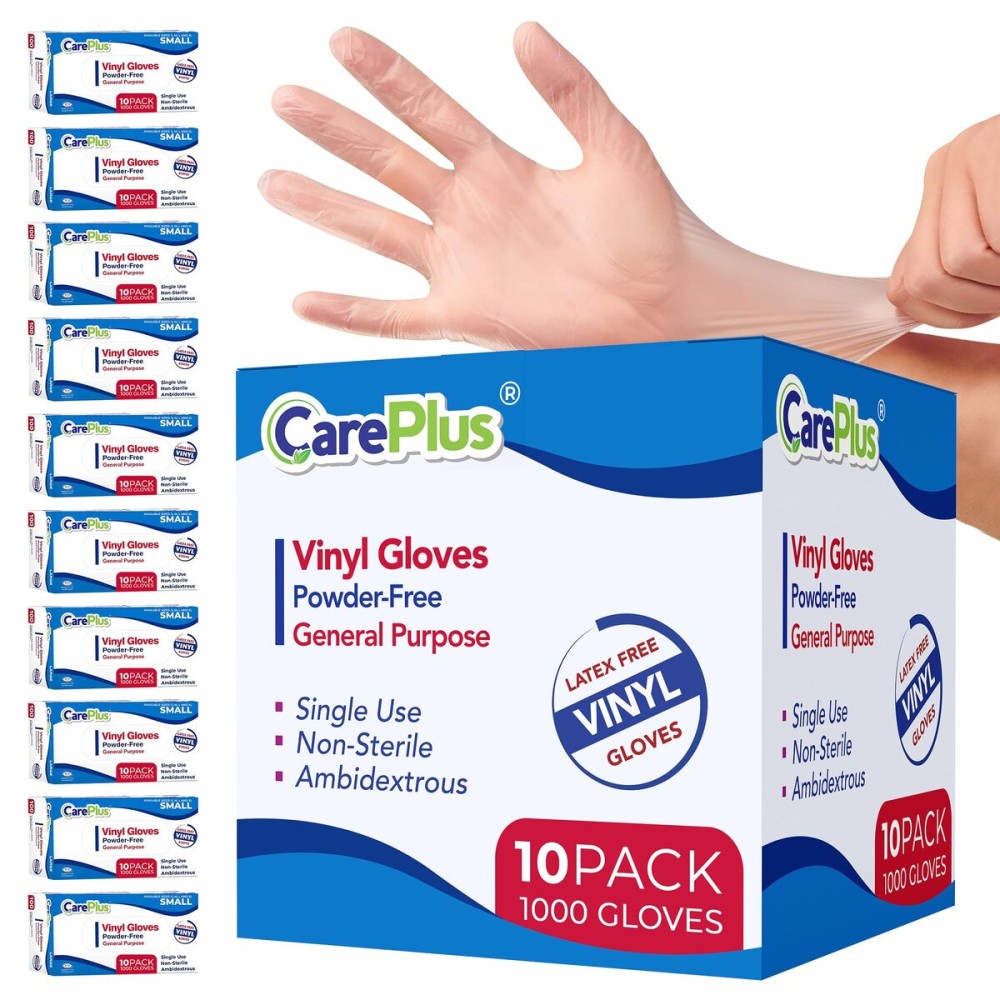 CARE PLUS Vinyl Gloves Clear Large Size 1000 Count | Heavy Duty, Non-Sterile, Powder-Free, Latex-Free Rubber | Food Prep, Kitchen & Cleaning Gloves, Ideal for Professional Use