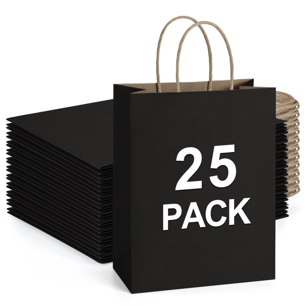 BagDream 25Pcs Black Gift Bags 8x4.25x10.5 Kraft Paper for Gifts, Shopping Retail Merchandise Grocery Sacks, Black Paper Bags with Handles Bulk Medium