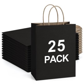 BagDream 25Pcs Black Gift Bags 8x4.25x10.5 Kraft Paper for Gifts, Shopping Retail Merchandise Grocery Sacks, Black Paper Bags with Handles Bulk Medium