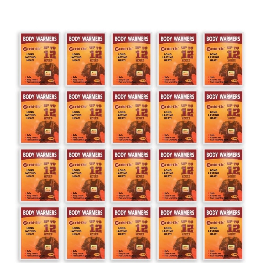 WORLD-BIO Body Warmers for Cold Weather, Hot Hands Body Warmers with Adhesive Backing Long Lasting Safe Natural Odorless Air Activated Disposable - Up to 12 Hours of Heat - 20 Packs