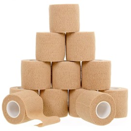 12 Pack Self-Adhesive Bandage Wrap - 2 Inches x 5 Yards - Elastic Self Adherent Cohesive Wrap Bandage - Breathable Athletic Tape for Wrists, Knee, Ankle - First Aid Sports - Brown