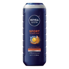 NIVEA Men Sport Body Wash with Revitalizing Minerals, Tangerine and Pepper Scent, 3-in-1 Men\'s Body Wash, Face and Hair, Paraben Free, Vegan Formula, 16.9 Fl Oz Bottle
